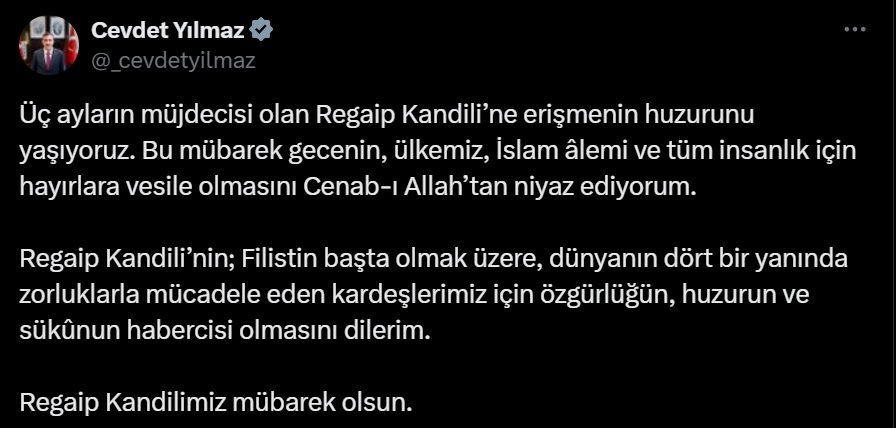 Cevdet Yılmaz Regaip Kandili Mesajı