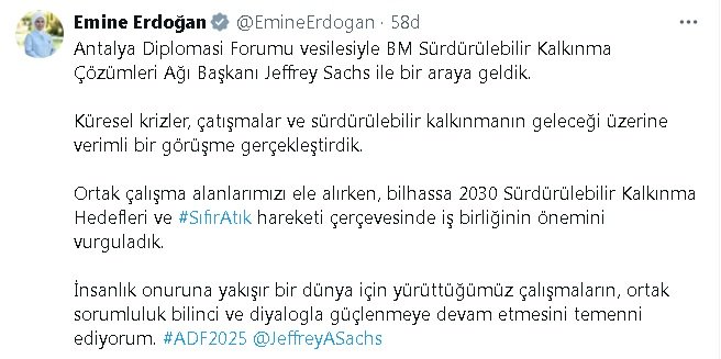 Emine Erdoğan Jeffrey Sachs ile görüşme