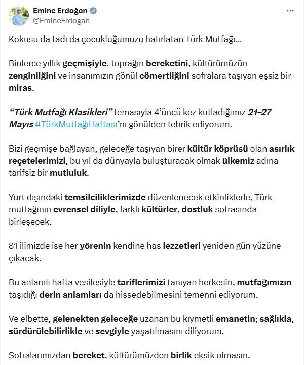 Emine Erdoğan Türk Mutfağı Haftası mesajı