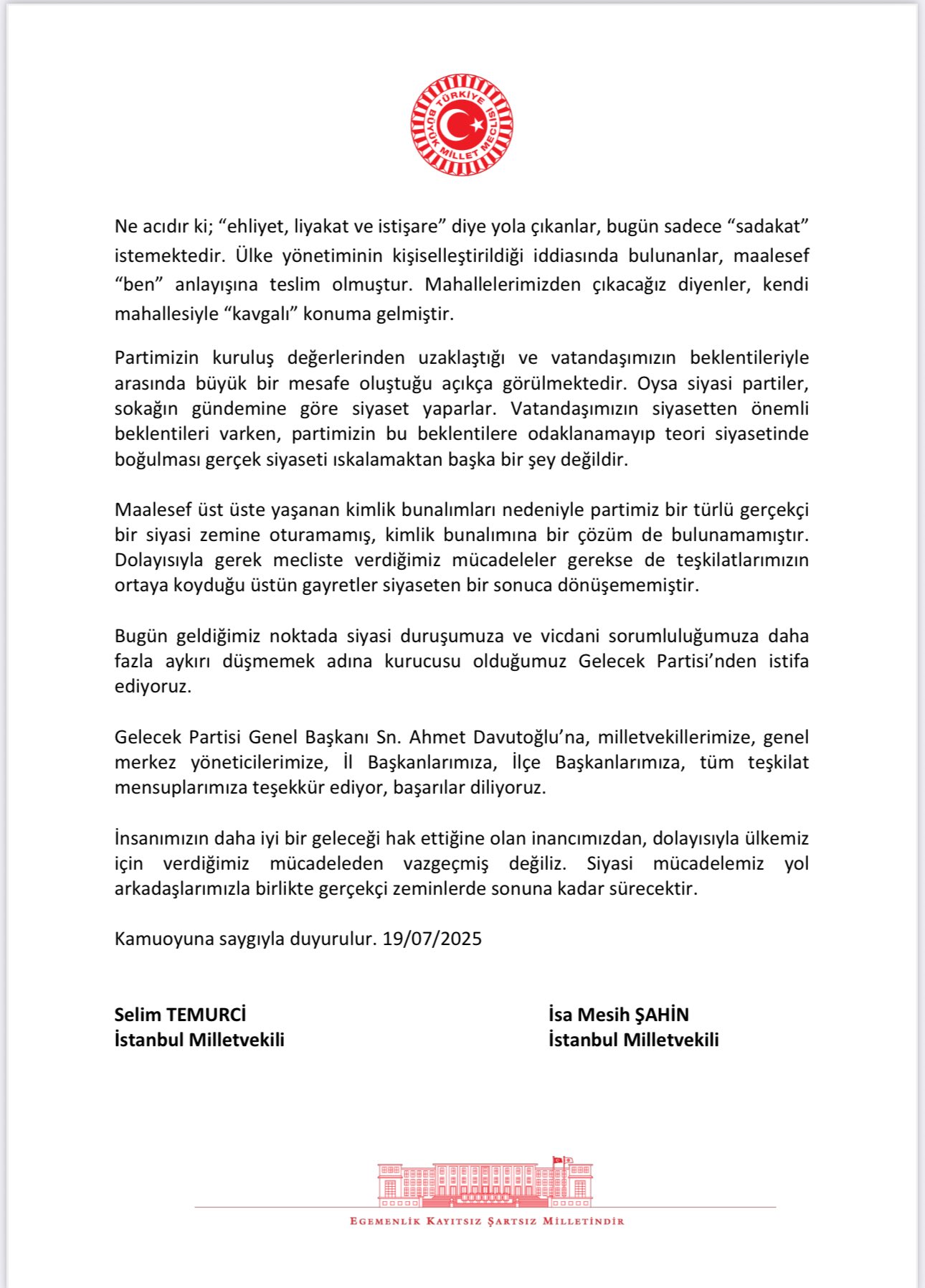 Gelecek Partisi İstifa