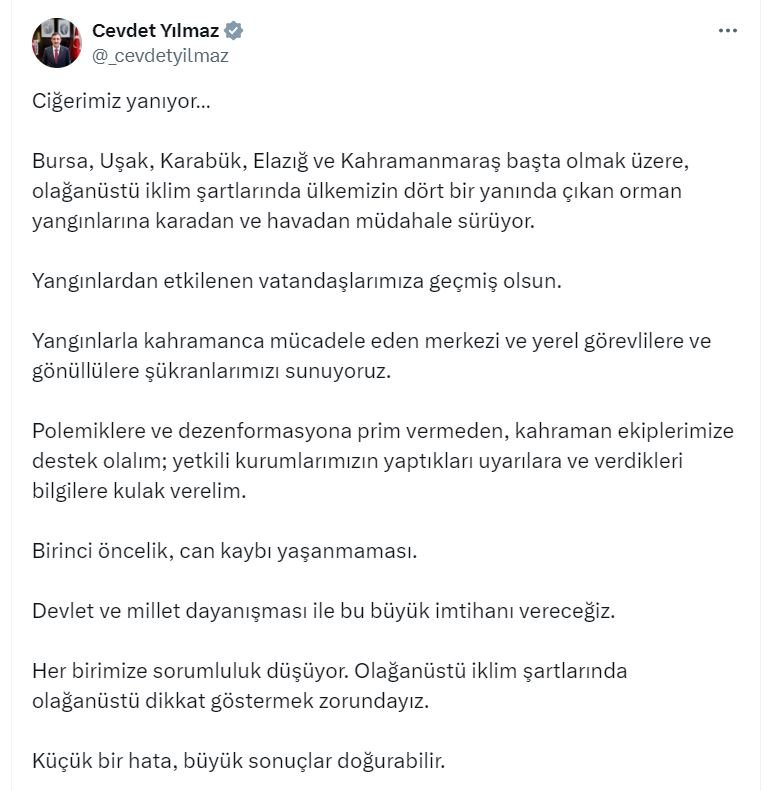Cevdet Yılmaz Orman Yangınları Açıklaması