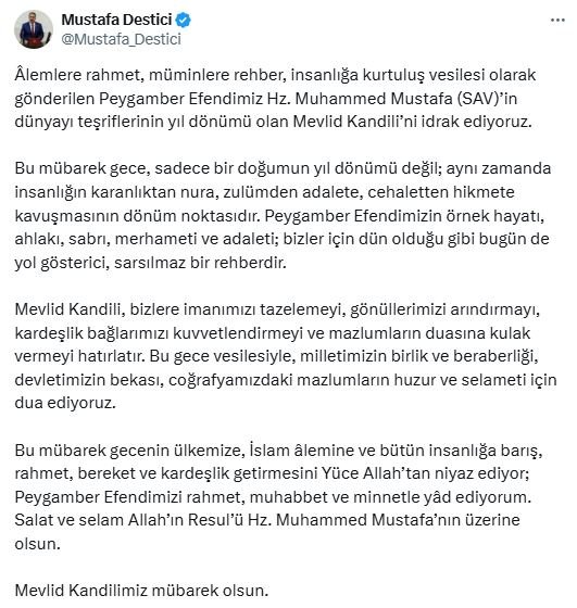 Mustafa Destici Mevlid Kandili Mesajı