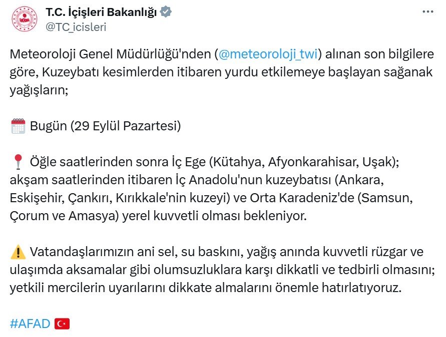 İçişleri Bakanlığı Sağanak Uyarısı