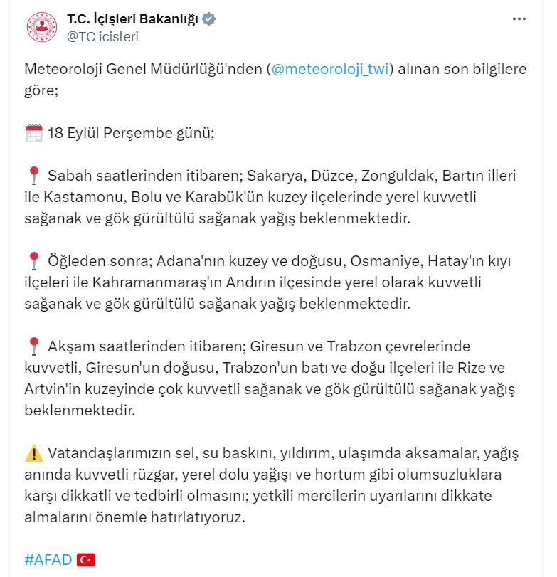 İçişleri Bakanlığı Sağanak Uyarısı