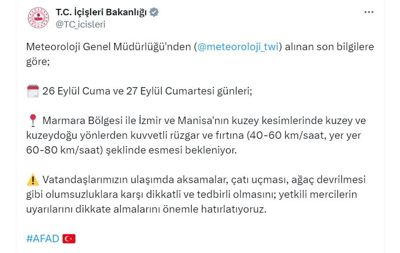 İçişleri Bakanlığı fırtına uyarısı