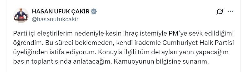 Hasan Ufuk Çakır CHP istifa