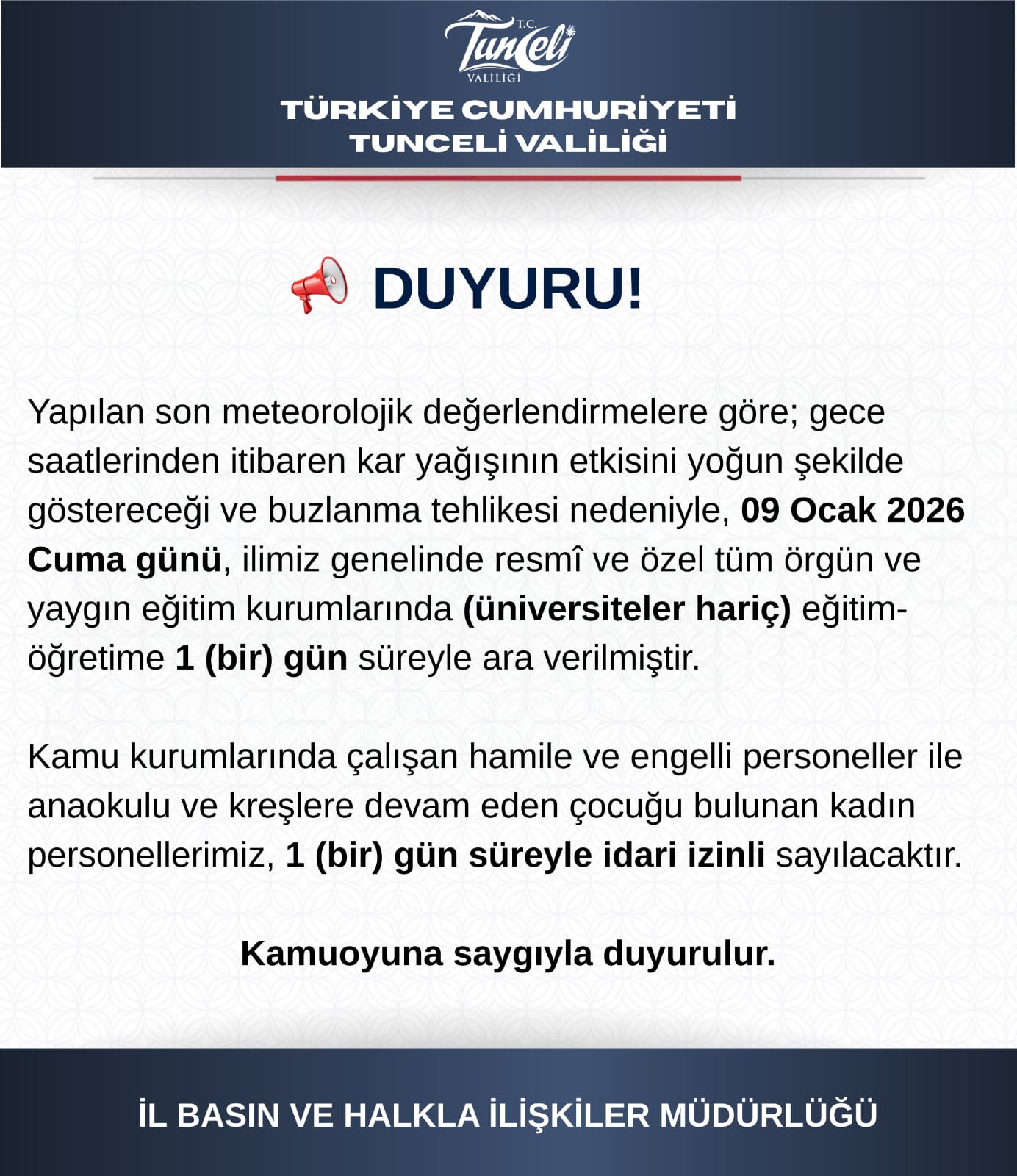 Tunceli kış şartları eğitim