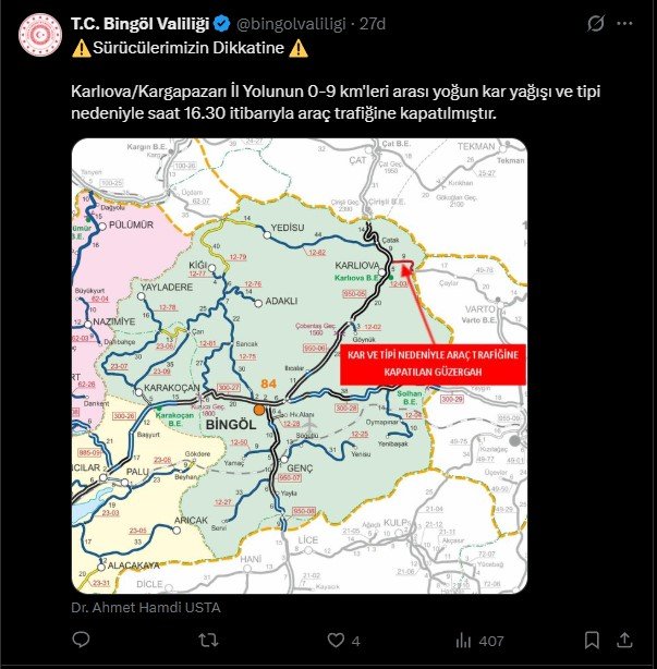 Bingöl kar yağışı ulaşım