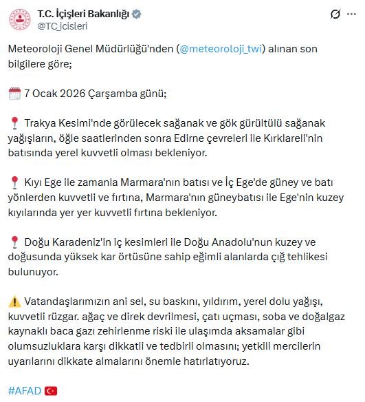 İçişleri Bakanlığı Hava Uyarısı