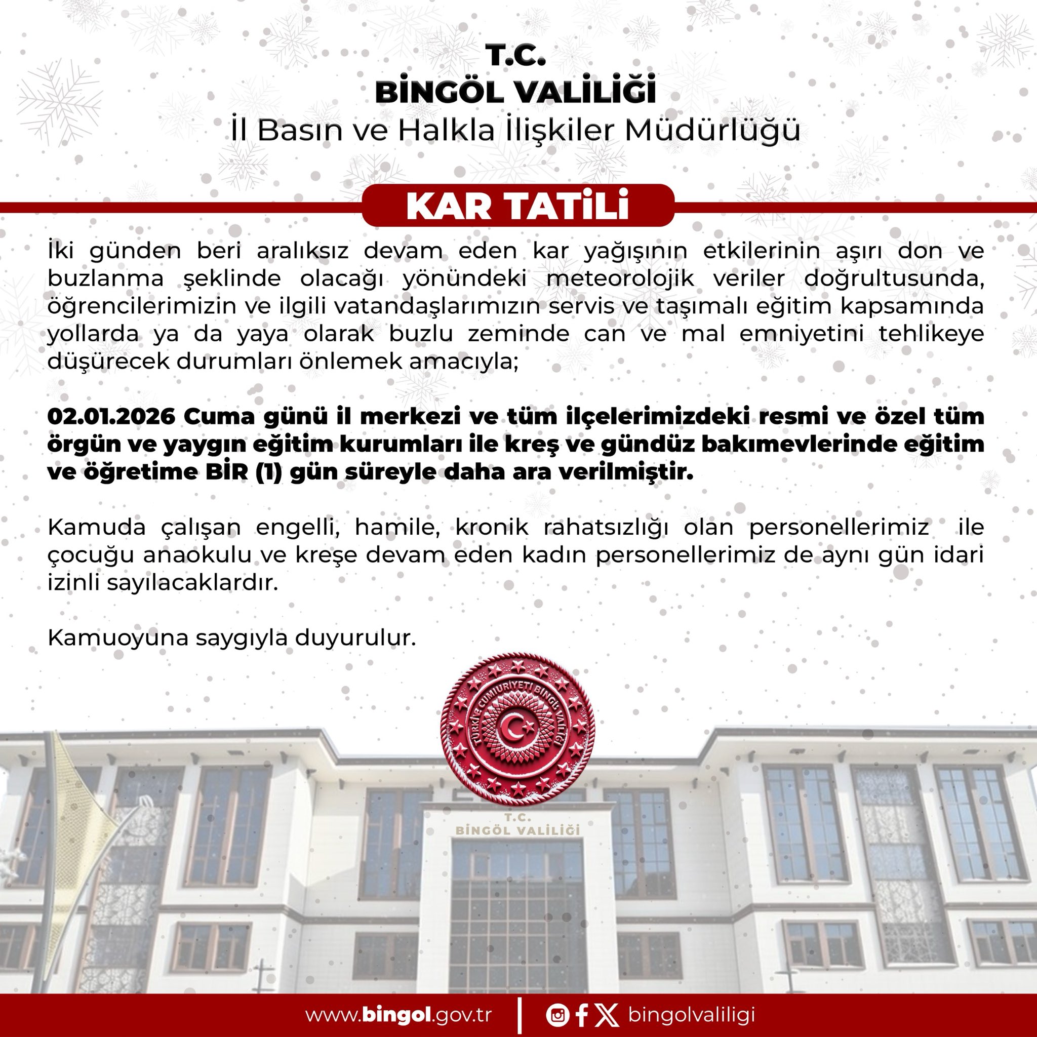 Diyarbakır Bingöl Tunceli Mardin kar tatili