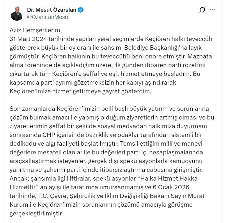 Keçiören Belediye Başkanı Mesut Özarslan CHP istifa