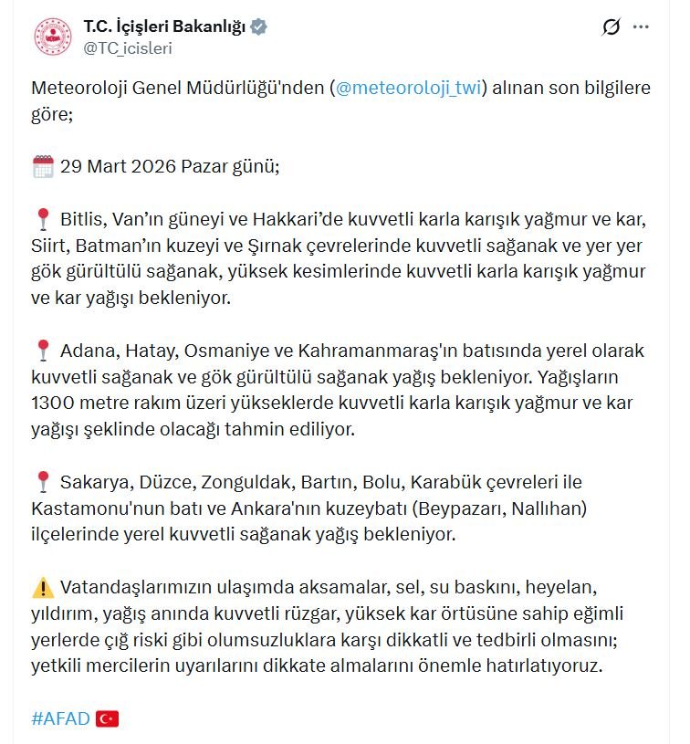 İçişleri Bakanlığı kar uyarısı