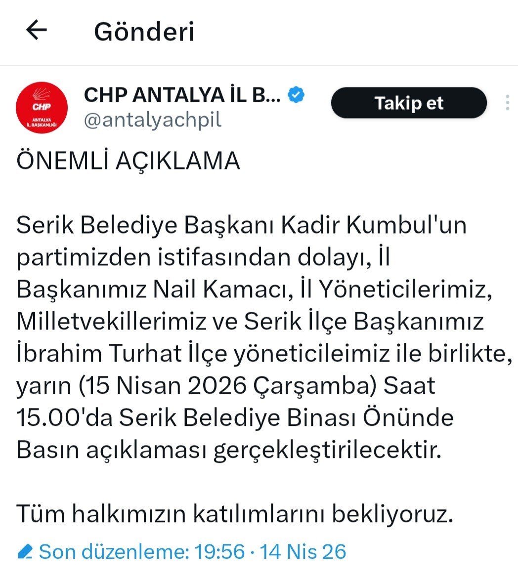 CHP Serik Belediye Başkanı Kadir Kumbul istifa