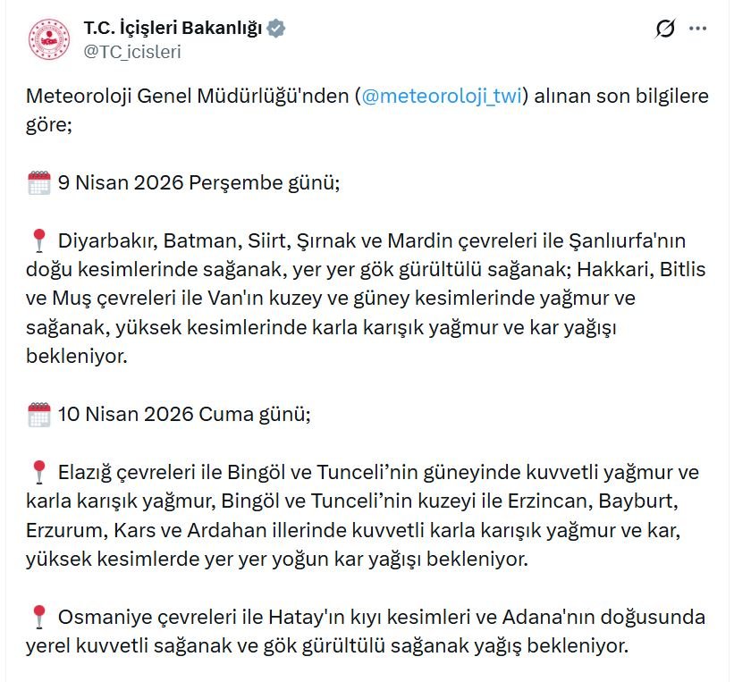 İçişleri Bakanlığı hava uyarısı