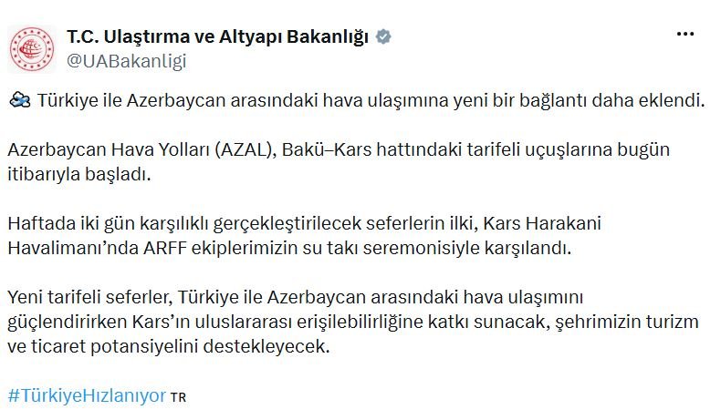 Bakü-Kars Hattı Uçuşları Başladı, Ulaştırma Bakanlığı Açıklaması