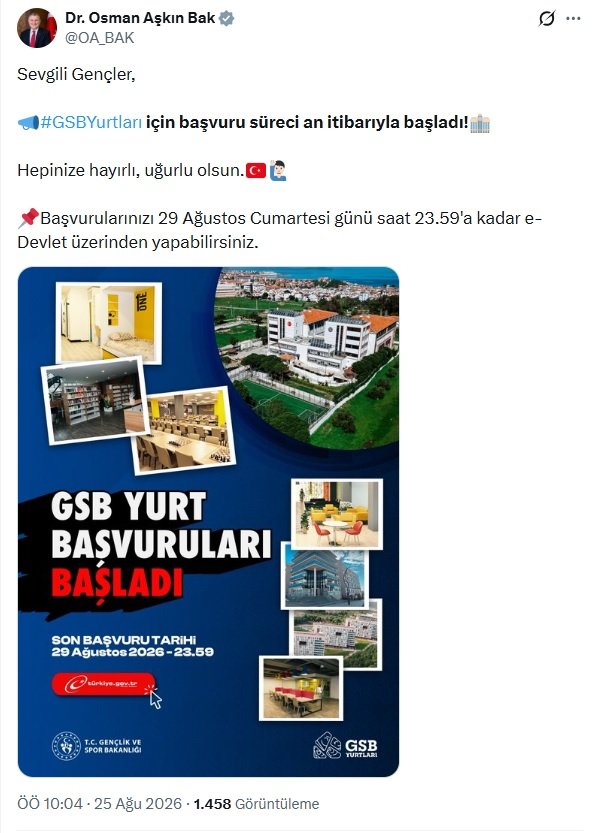GSB yurt başvuruları e-Devlet