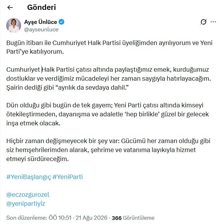 Ayşe Ünlüce CHP istifa Yeni Parti