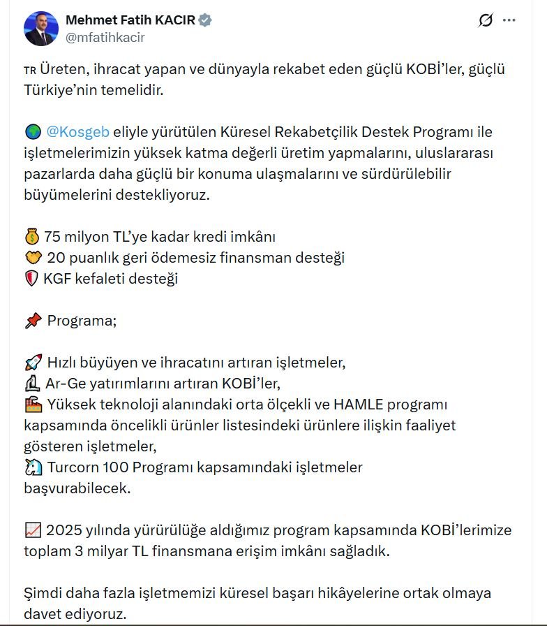 Sanayi ve Teknoloji Bakanı Mehmet Fatih Kacır KOBİ destekleri