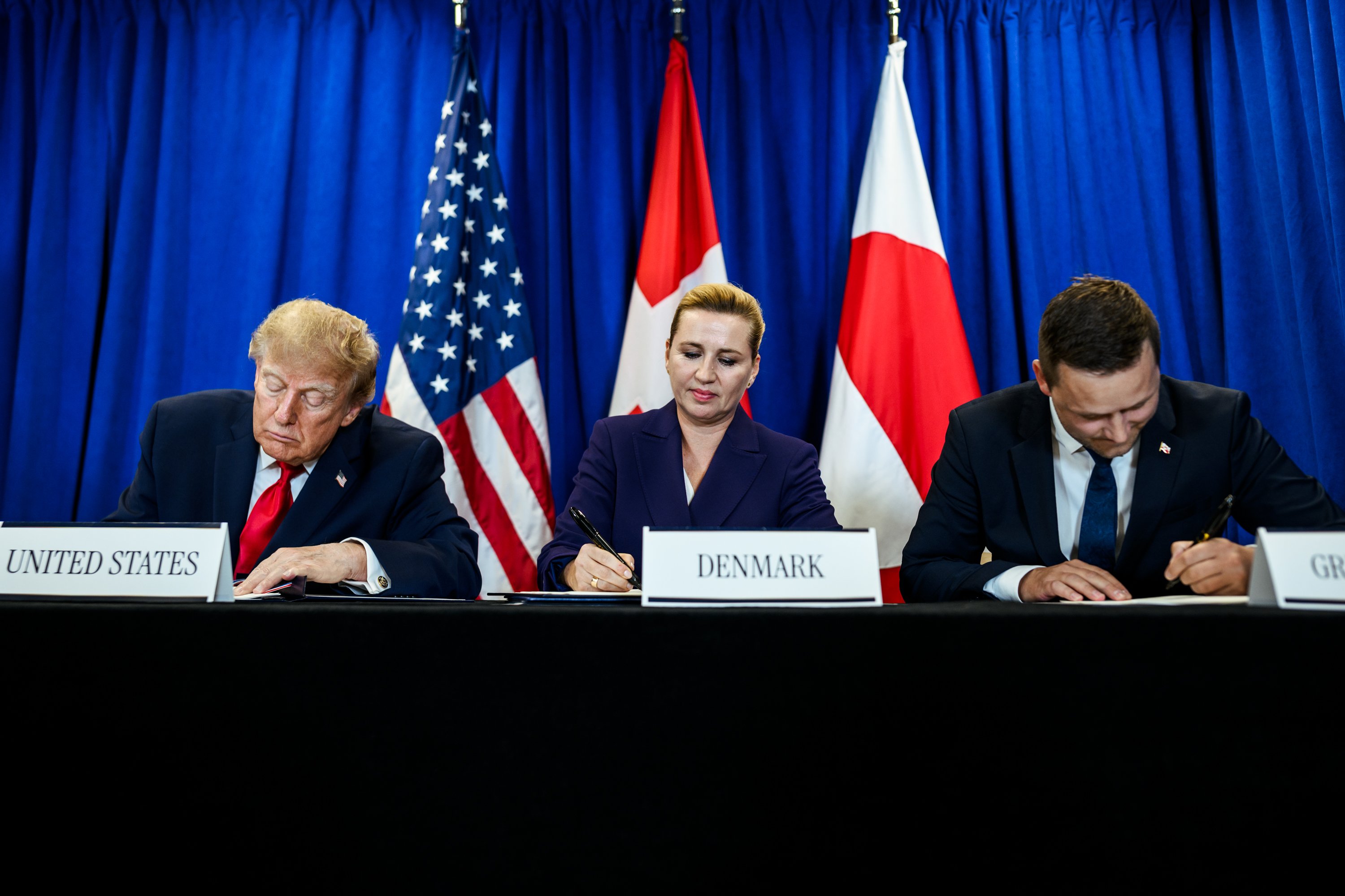 Trump, Frederiksen ve Nielsen Grönland güvenlik anlaşması imza töreninde