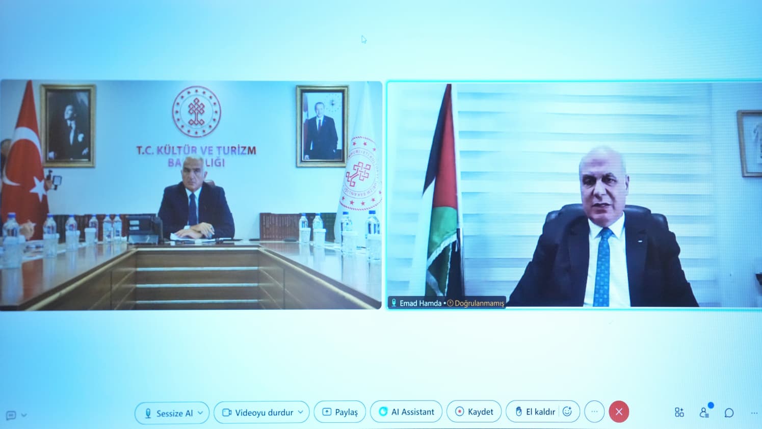 Kültür ve Turizm Bakanı Mehmet Nuri Ersoy, Filistin Kültür Bakanı İmad Hamdan ile video konferans görüşmesi